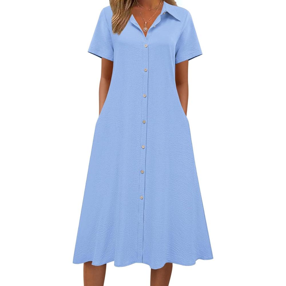 imageZeagoo Summer Dresses for Women 2026 Button Down Shirt Dresses Aline Long Sundress Short Sleeve Beach Travel Cover UpLight Blue