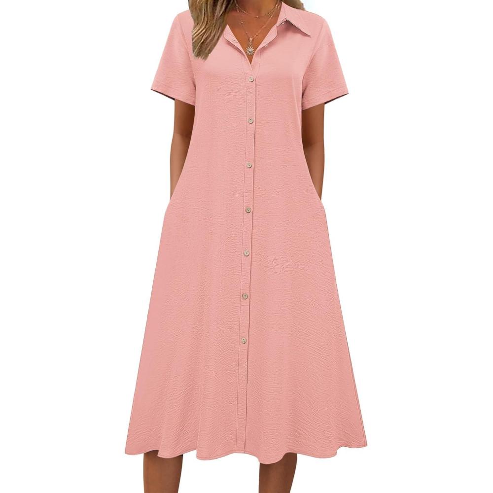 imageZeagoo Summer Dresses for Women 2026 Button Down Shirt Dresses Aline Long Sundress Short Sleeve Beach Travel Cover UpPink