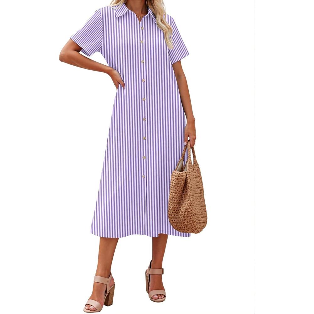 imageZeagoo Summer Dresses for Women 2026 Button Down Shirt Dresses Aline Long Sundress Short Sleeve Beach Travel Cover UpPurple Stripe