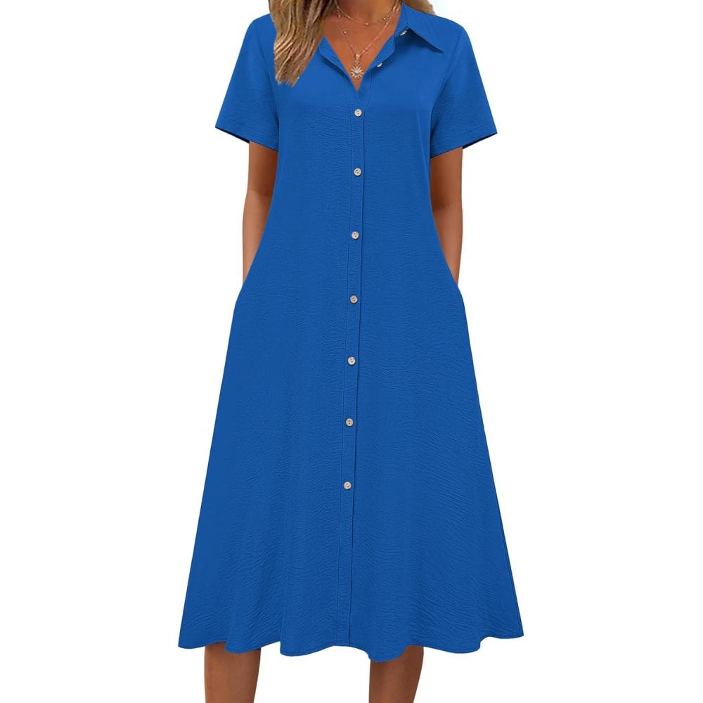 imageZeagoo Summer Dresses for Women 2026 Button Down Shirt Dresses Aline Long Sundress Short Sleeve Beach Travel Cover UpRoyal Blue