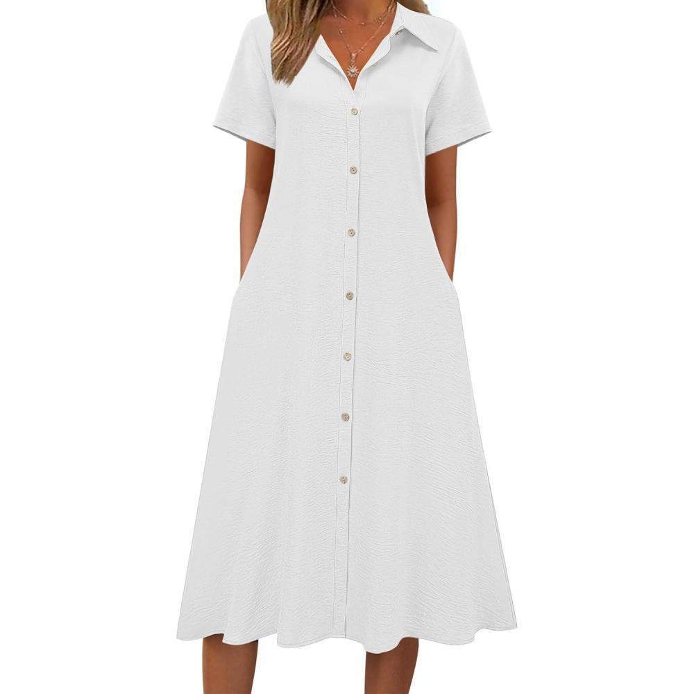 imageZeagoo Summer Dresses for Women 2026 Button Down Shirt Dresses Aline Long Sundress Short Sleeve Beach Travel Cover UpWhite