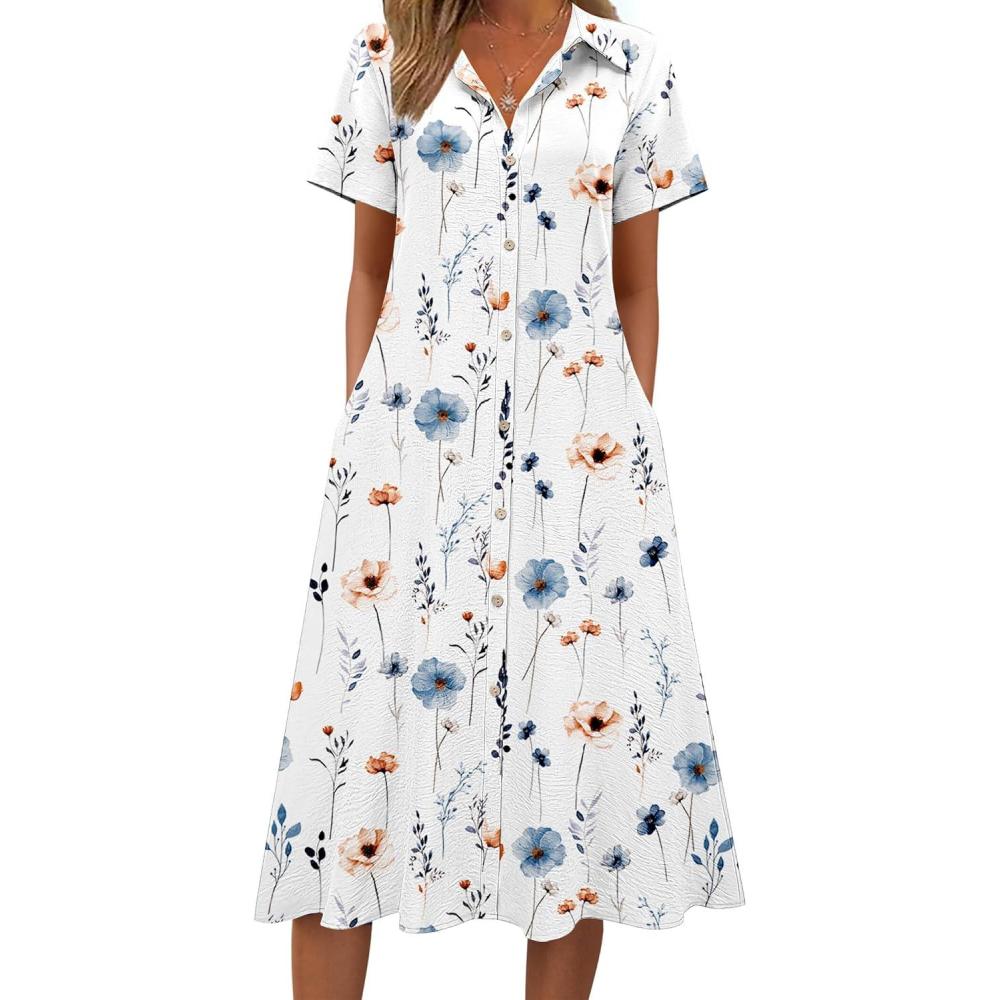 imageZeagoo Summer Dresses for Women 2026 Button Down Shirt Dresses Aline Long Sundress Short Sleeve Beach Travel Cover UpWhite Floral
