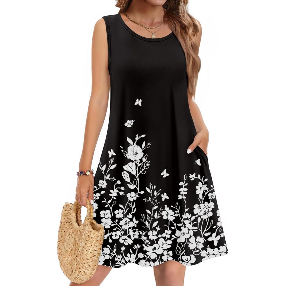 imageZeagoo Summer Dresses for Women 2026 Sleeveless Casual Floral Tshirt Sundress with Pockets Loose Tank Beach Dress01black Floral