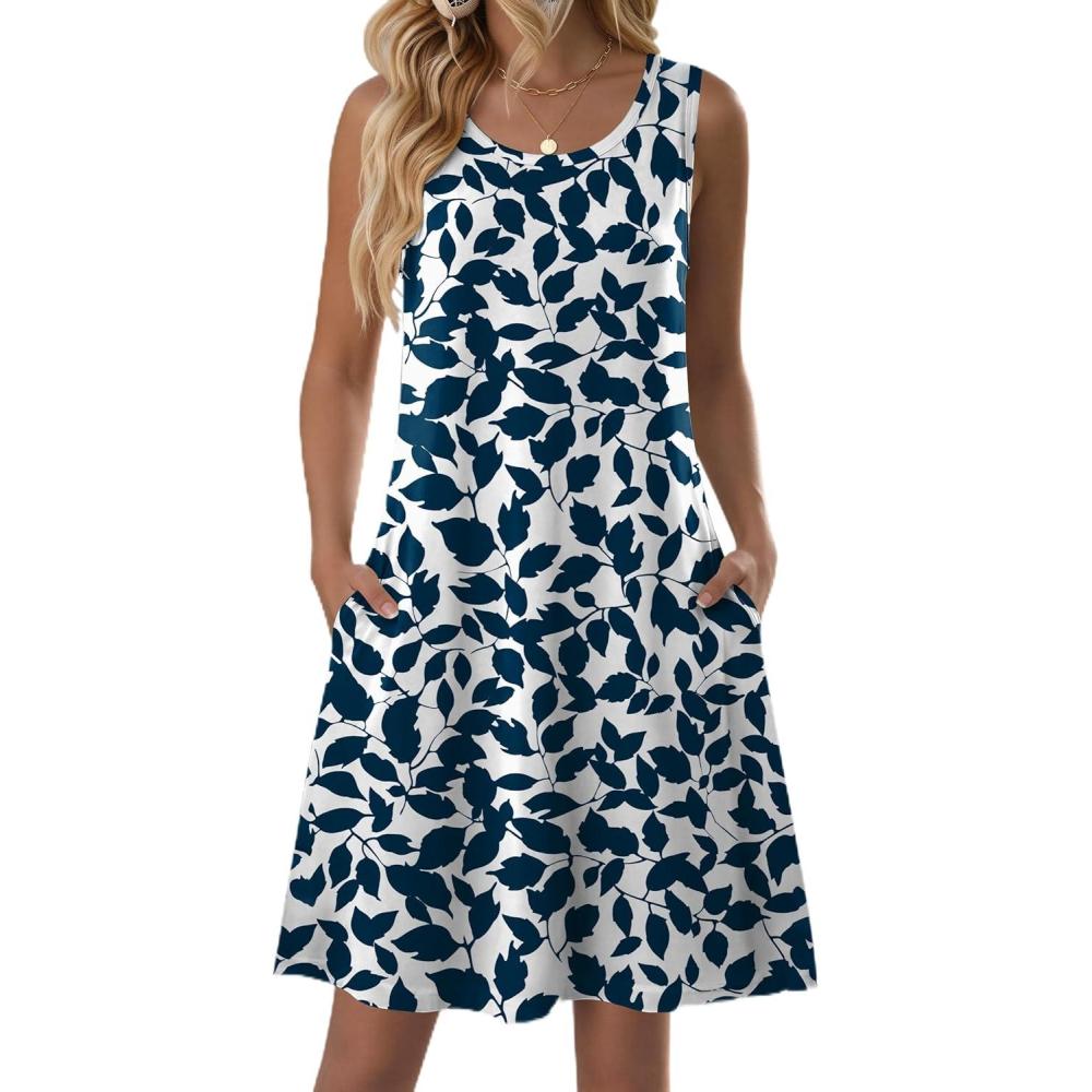 imageZeagoo Summer Dresses for Women 2026 Sleeveless Casual Floral Tshirt Sundress with Pockets Loose Tank Beach DressBlue Leaf Print