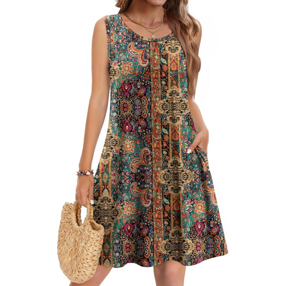 imageZeagoo Summer Dresses for Women 2026 Sleeveless Casual Floral Tshirt Sundress with Pockets Loose Tank Beach DressEthnic Print