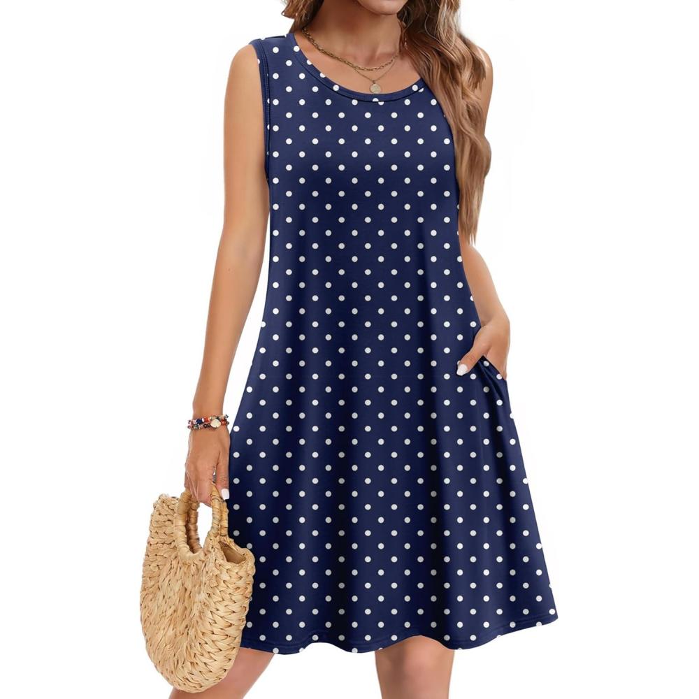 imageZeagoo Summer Dresses for Women 2026 Sleeveless Casual Floral Tshirt Sundress with Pockets Loose Tank Beach DressNavy Round Dot