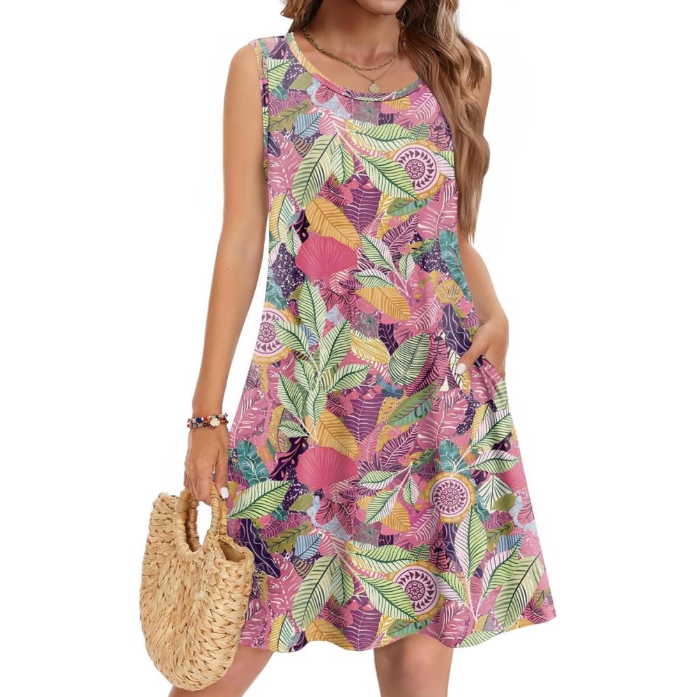 imageZeagoo Summer Dresses for Women 2026 Sleeveless Casual Floral Tshirt Sundress with Pockets Loose Tank Beach DressPurplered