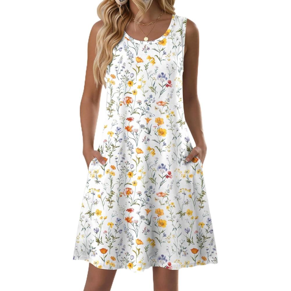 imageZeagoo Summer Dresses for Women 2026 Sleeveless Casual Floral Tshirt Sundress with Pockets Loose Tank Beach DressWhite Floral