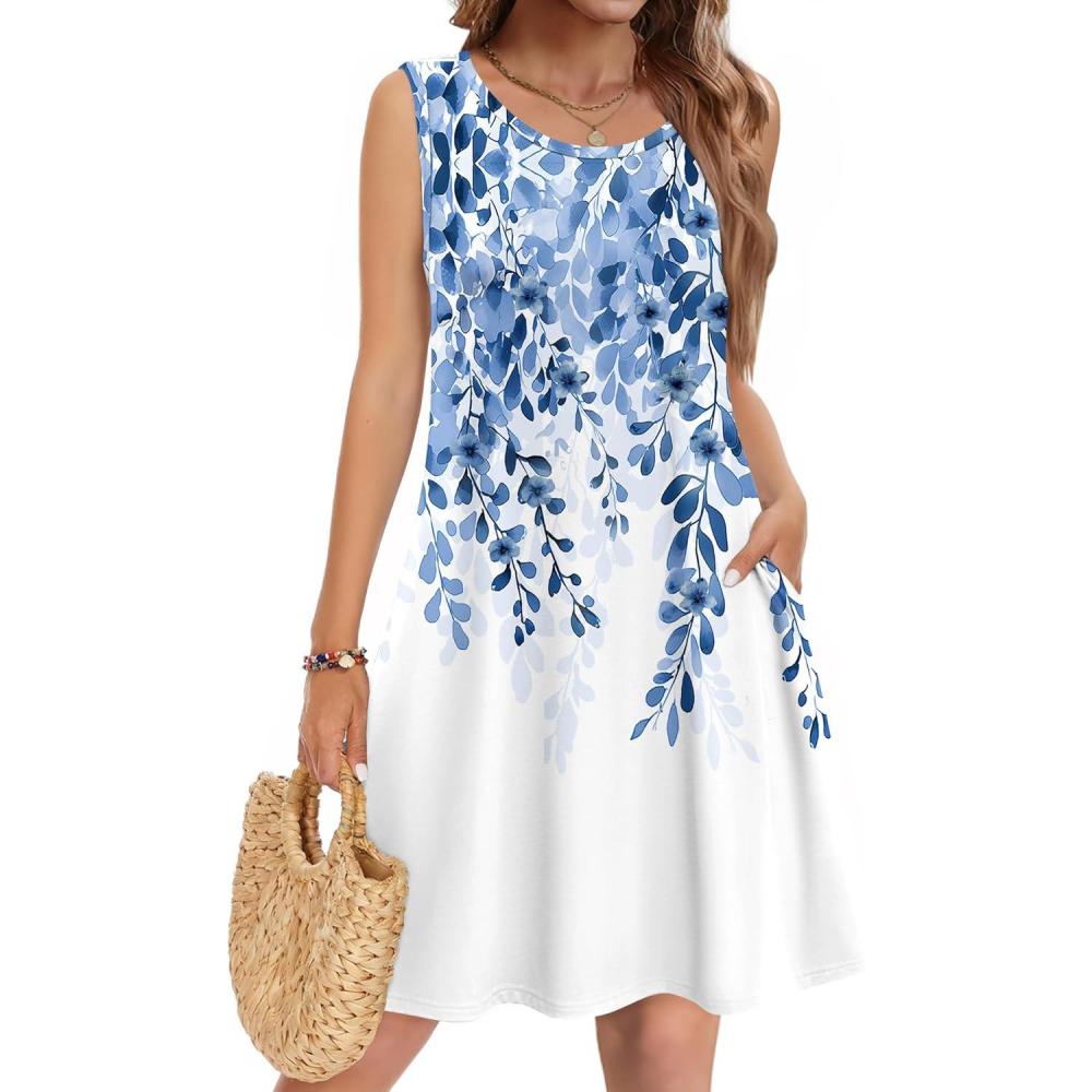 imageZeagoo Summer Dresses for Women 2026 Sleeveless Casual Floral Tshirt Sundress with Pockets Loose Tank Beach DressWhite Leaf Print