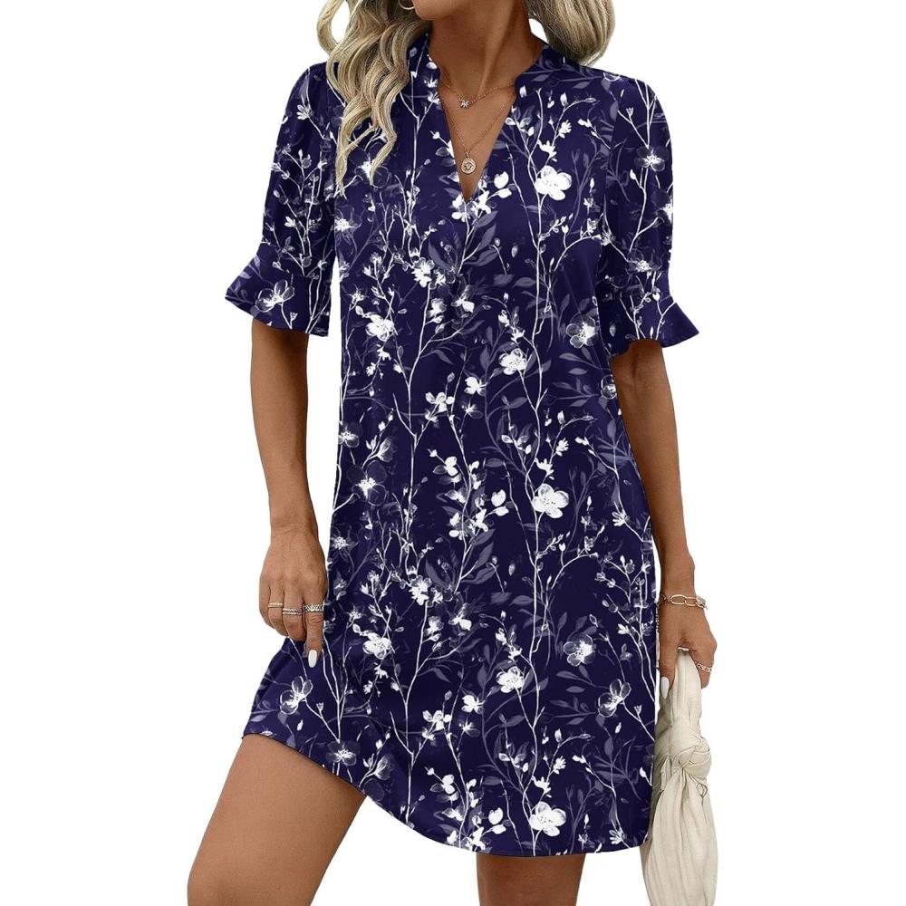 imageZeagoo Summer Dresses for Women 2026 V Neck Ruffle Sleeve Casual Shift Dress Hawaiian Sundress Beach Vacation ClothesDeep Blue Floral