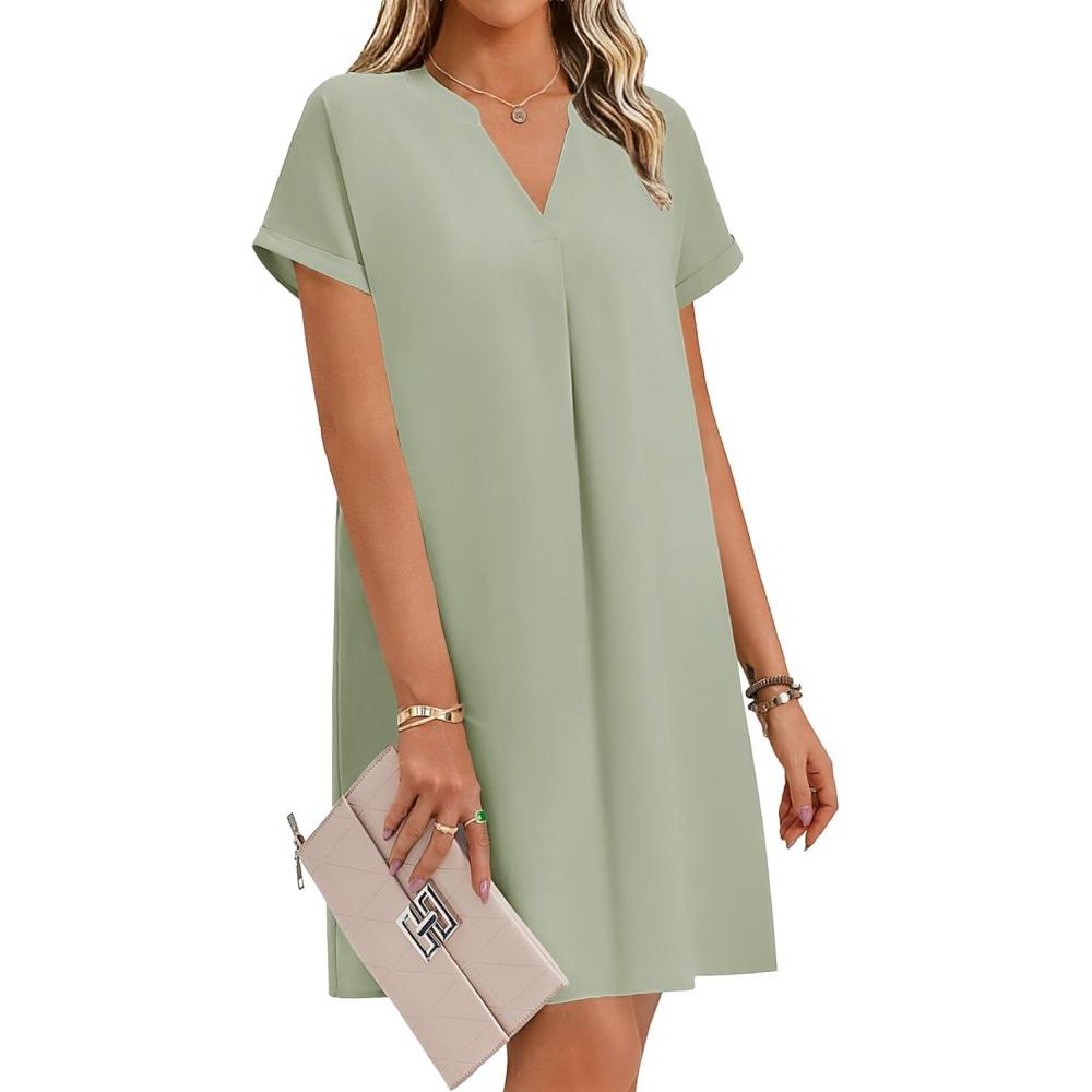 imageZeagoo Summer Dresses for Women Short Sleeve Shift Dress V Neck Casual Mini Beach Vacation Boho Sundress with PocketsSolid Green