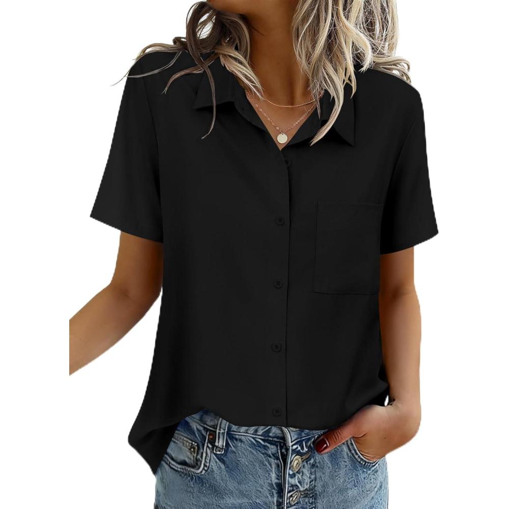 imageZeagoo Women Blouses Short Sleeve Button Down Shirts Business Casual Dressy Work Tops Summer Spring ClothesBlack