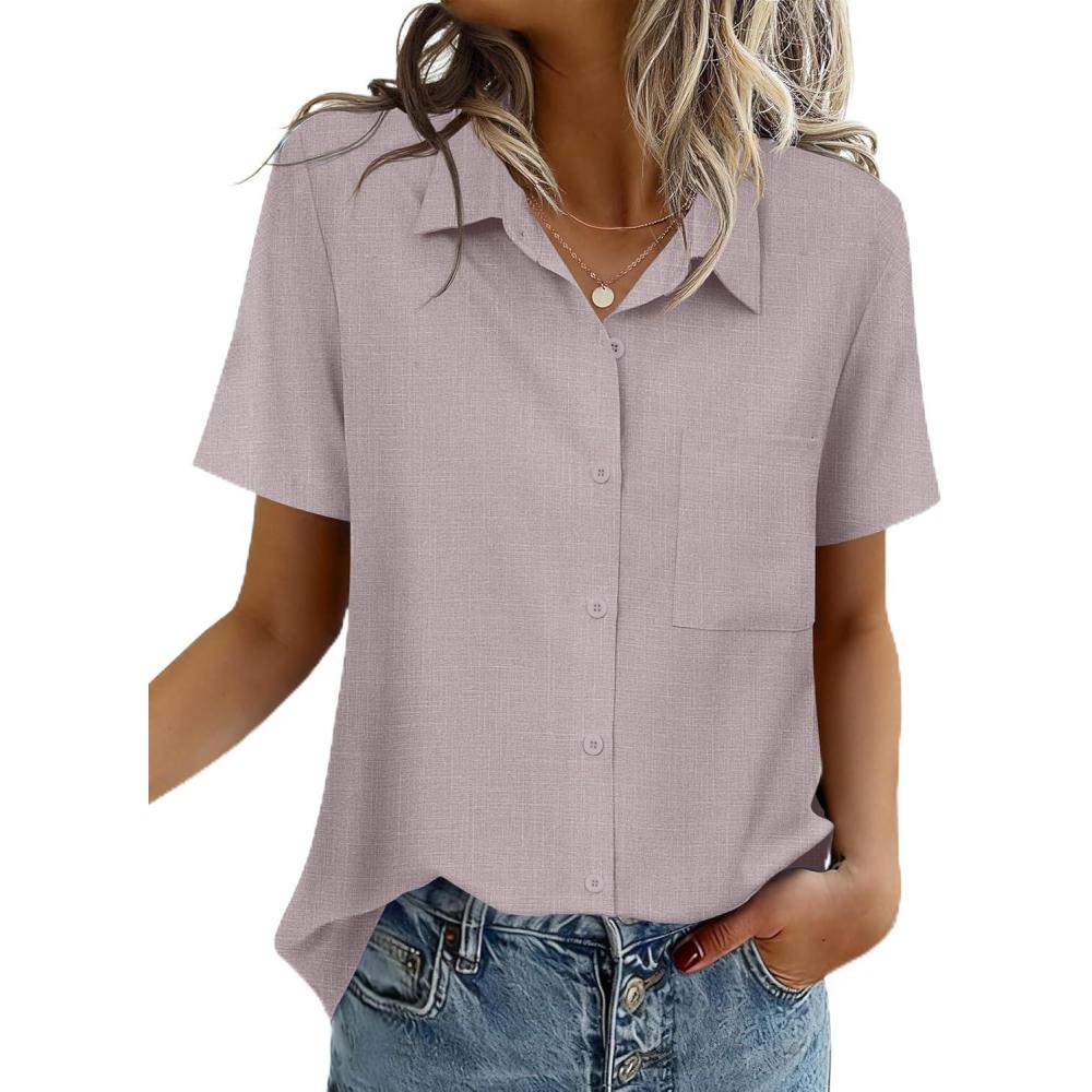 imageZeagoo Women Blouses Short Sleeve Button Down Shirts Business Casual Dressy Work Tops Summer Spring ClothesKhaki