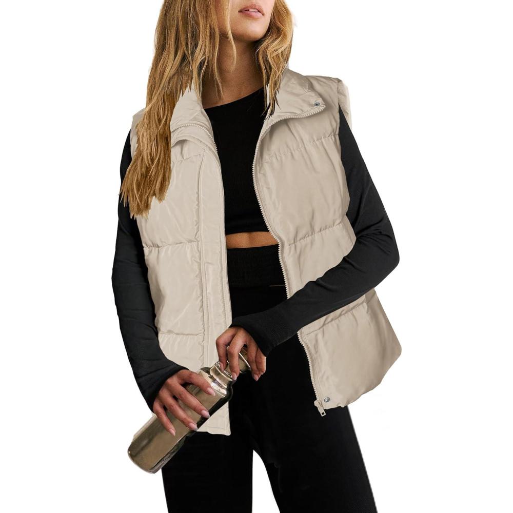imageZeagoo Women Puffer Vest Lightweight Stand Collar Sleeveless Winter Warm Zip Up Padded Outerwear Jackets with Pockets SXXLBeige