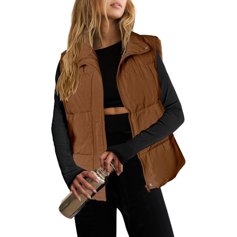 imageZeagoo Women Puffer Vest Lightweight Stand Collar Sleeveless Winter Warm Zip Up Padded Outerwear Jackets with Pockets SXXLBrown