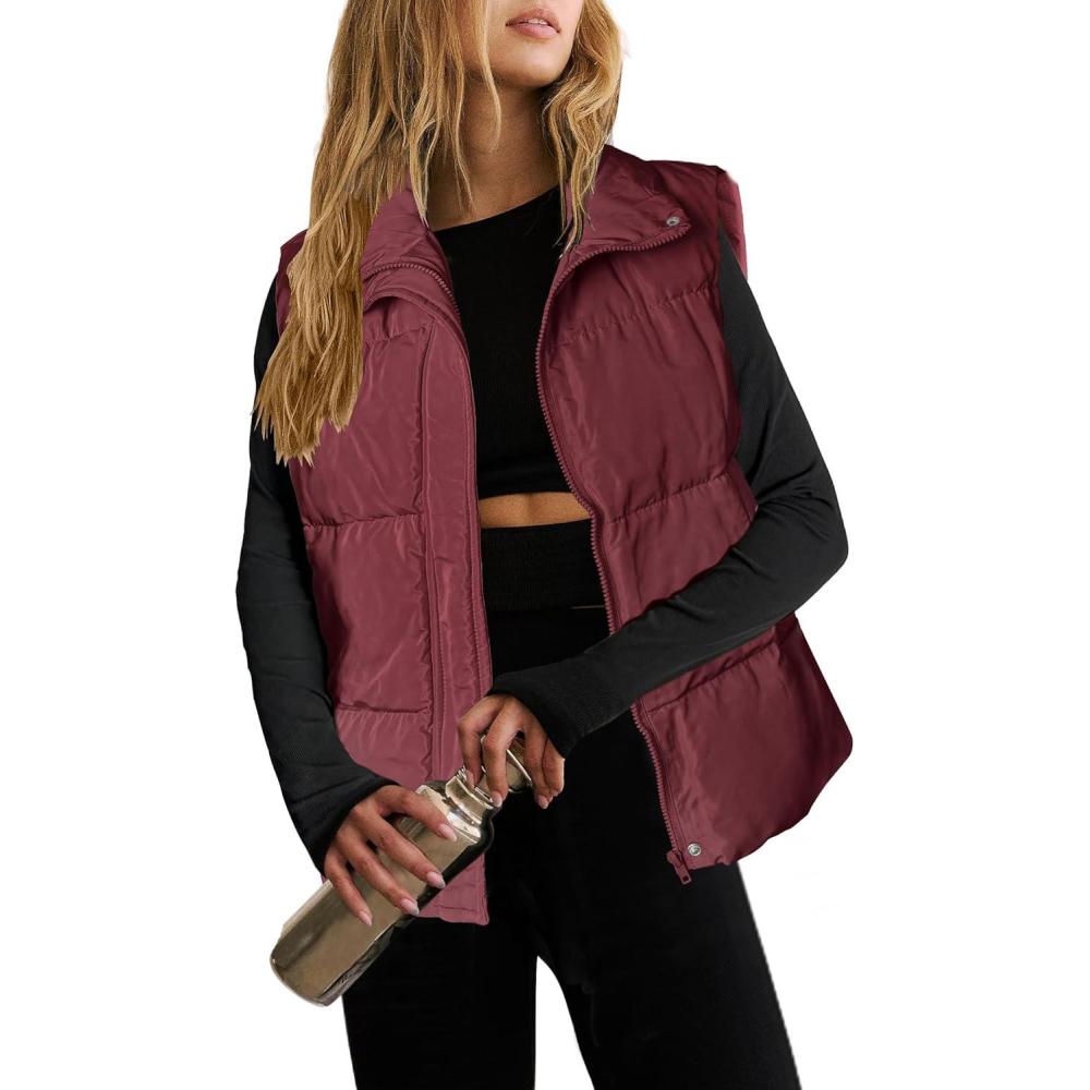 imageZeagoo Women Puffer Vest Lightweight Stand Collar Sleeveless Winter Warm Zip Up Padded Outerwear Jackets with Pockets SXXLBurgundy