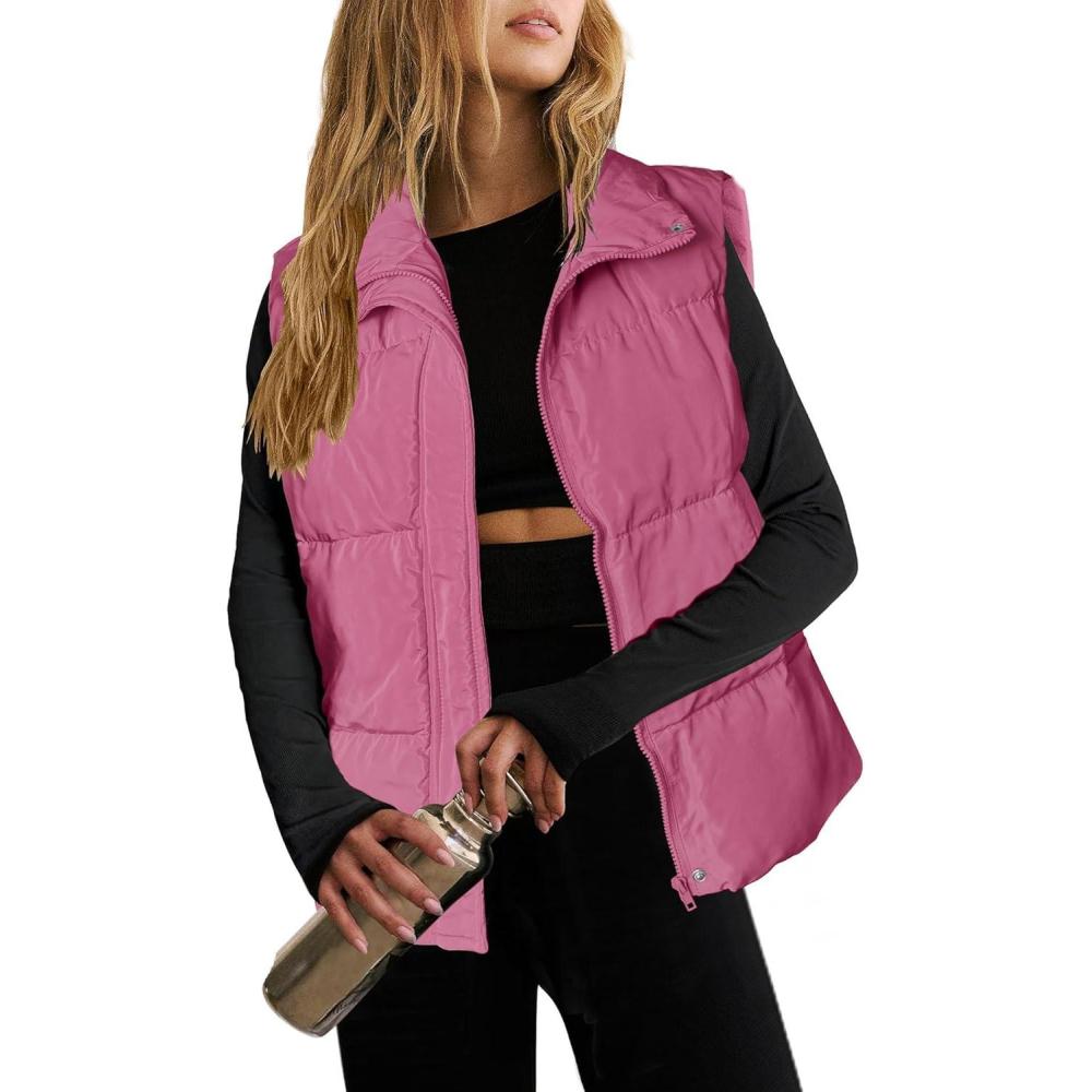 imageZeagoo Women Puffer Vest Lightweight Stand Collar Sleeveless Winter Warm Zip Up Padded Outerwear Jackets with Pockets SXXLHot Pink