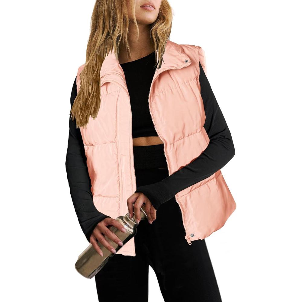 imageZeagoo Women Puffer Vest Lightweight Stand Collar Sleeveless Winter Warm Zip Up Padded Outerwear Jackets with Pockets SXXLPink