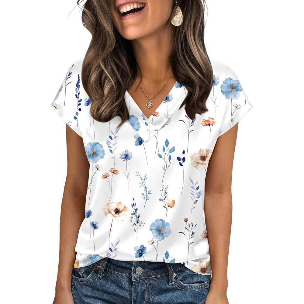 imageZeagoo Women Silk Satin Tops Cap Short Sleeve Blouse V Neck Shirts Business Casual Outfits S2XLBf290