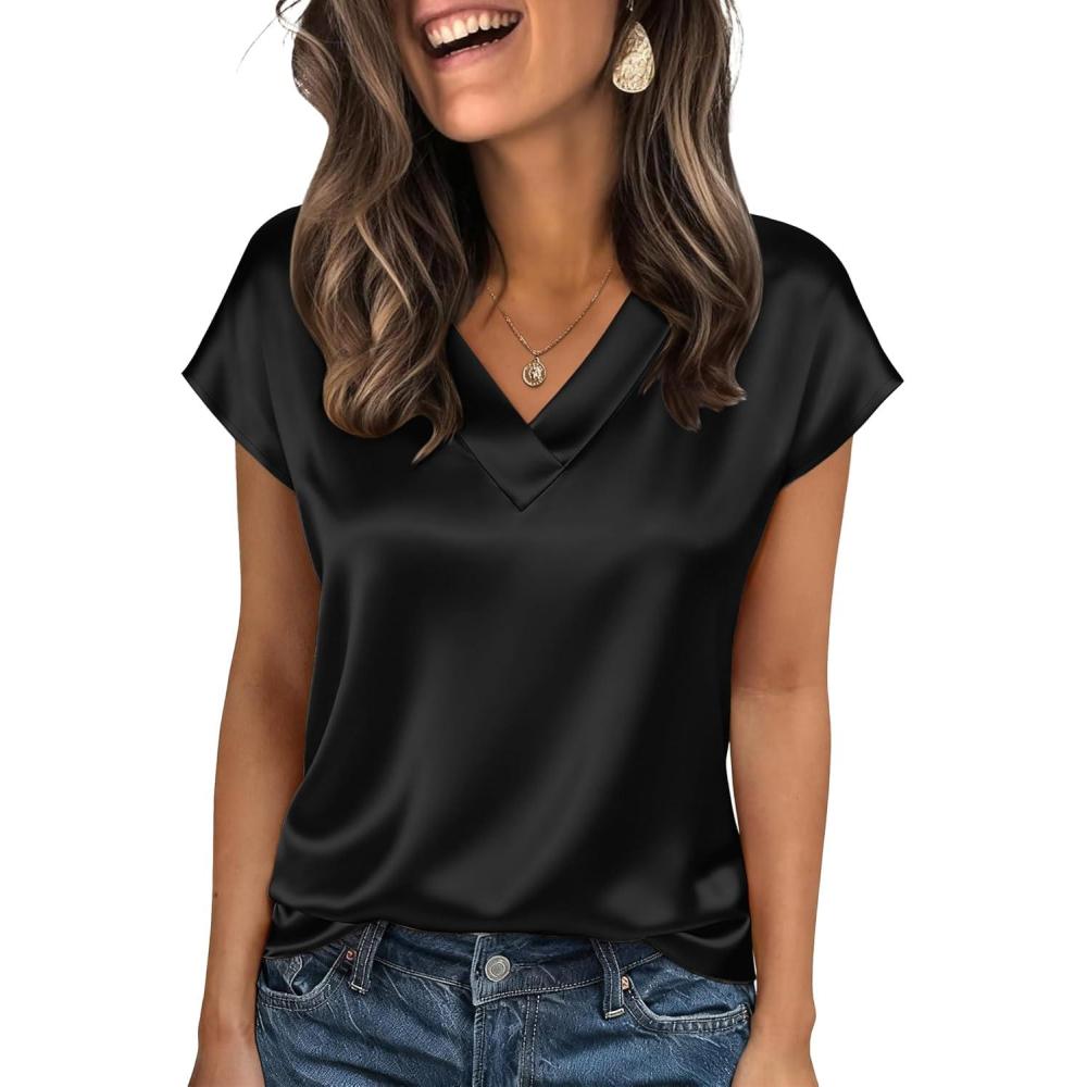 imageZeagoo Women Silk Satin Tops Cap Short Sleeve Blouse V Neck Shirts Business Casual Outfits S2XLBlack