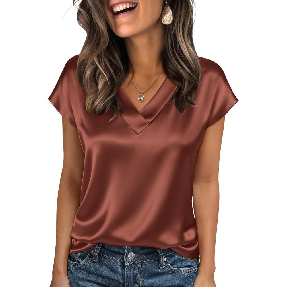 imageZeagoo Women Silk Satin Tops Cap Short Sleeve Blouse V Neck Shirts Business Casual Outfits S2XLBrown