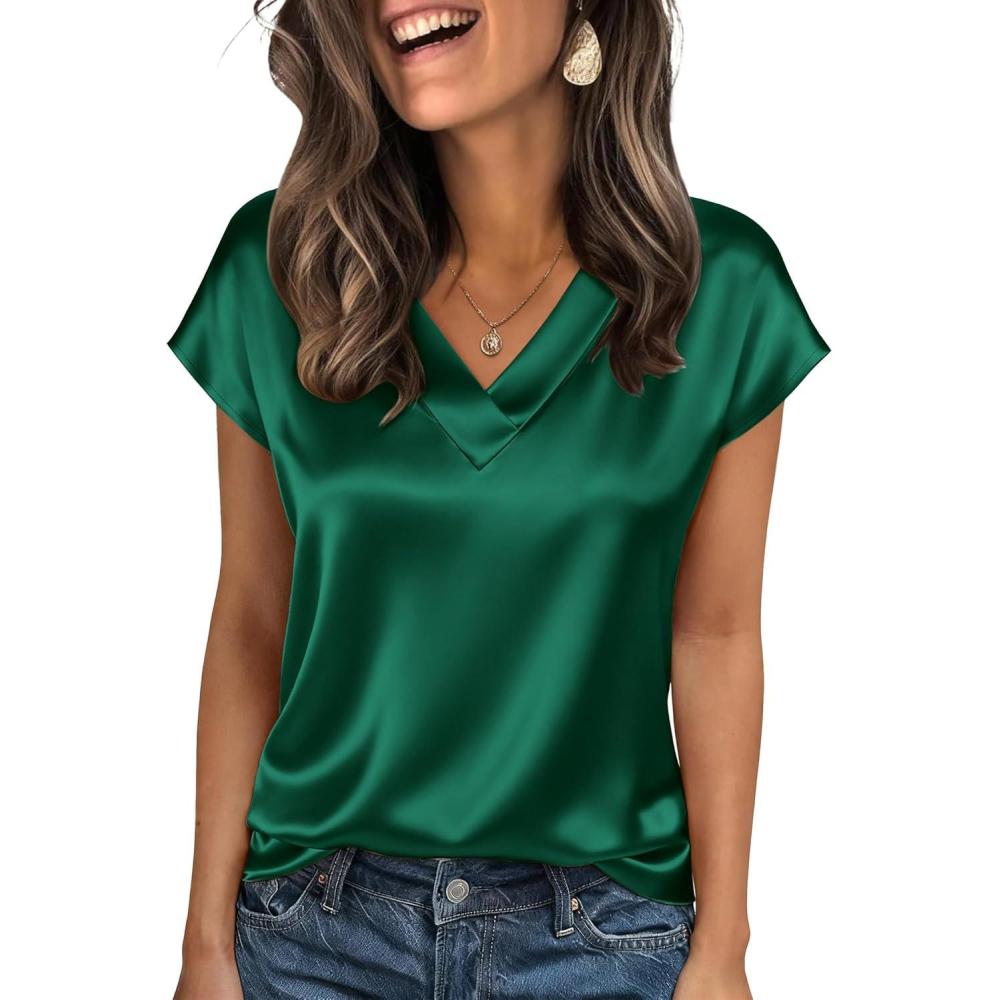 imageZeagoo Women Silk Satin Tops Cap Short Sleeve Blouse V Neck Shirts Business Casual Outfits S2XLGreen