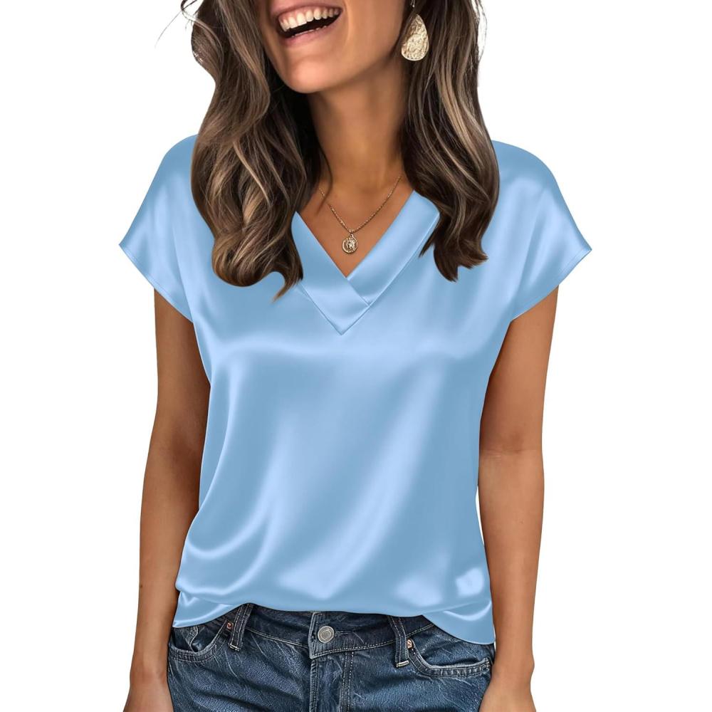 imageZeagoo Women Silk Satin Tops Cap Short Sleeve Blouse V Neck Shirts Business Casual Outfits S2XLLight Blue