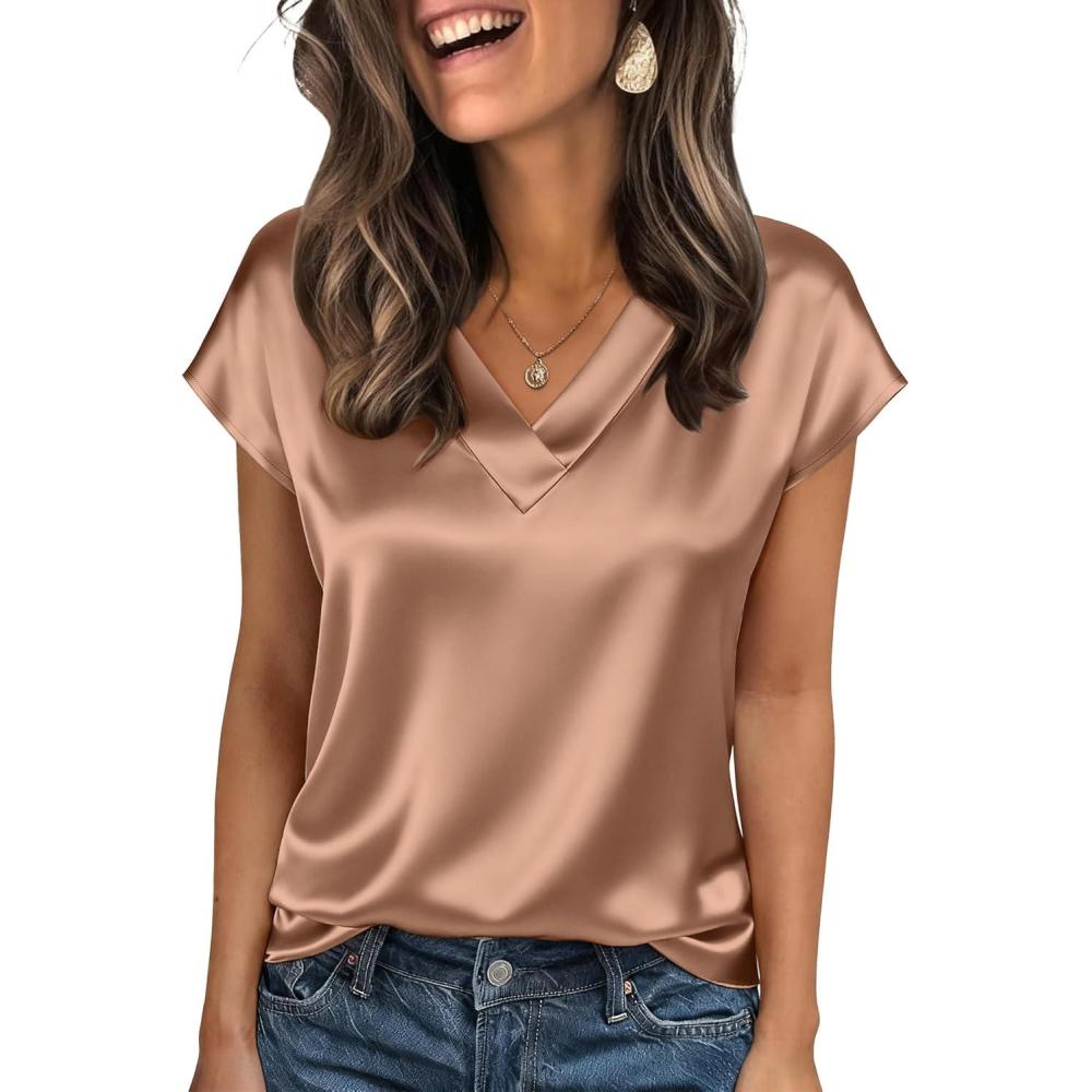 imageZeagoo Women Silk Satin Tops Cap Short Sleeve Blouse V Neck Shirts Business Casual Outfits S2XLLight Coffee