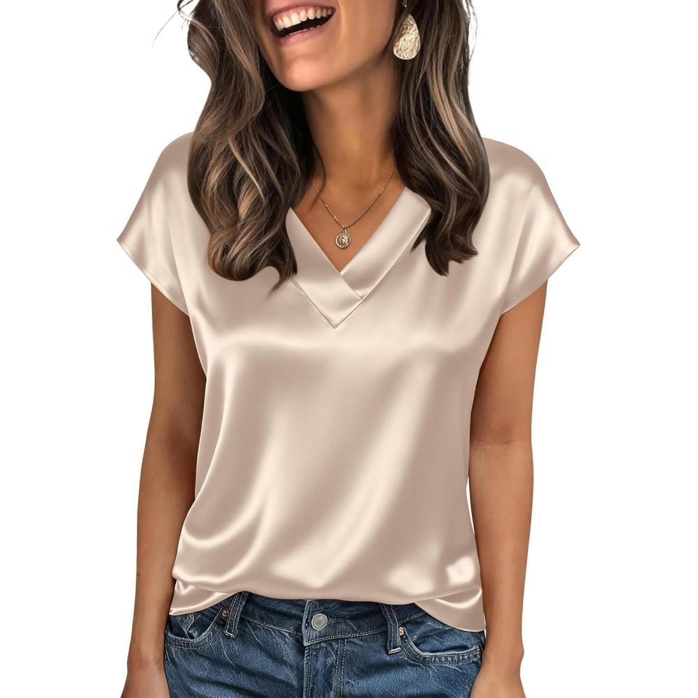 imageZeagoo Women Silk Satin Tops Cap Short Sleeve Blouse V Neck Shirts Business Casual Outfits S2XLLight Grey