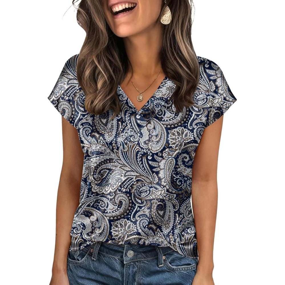 imageZeagoo Women Silk Satin Tops Cap Short Sleeve Blouse V Neck Shirts Business Casual Outfits S2XLMz473