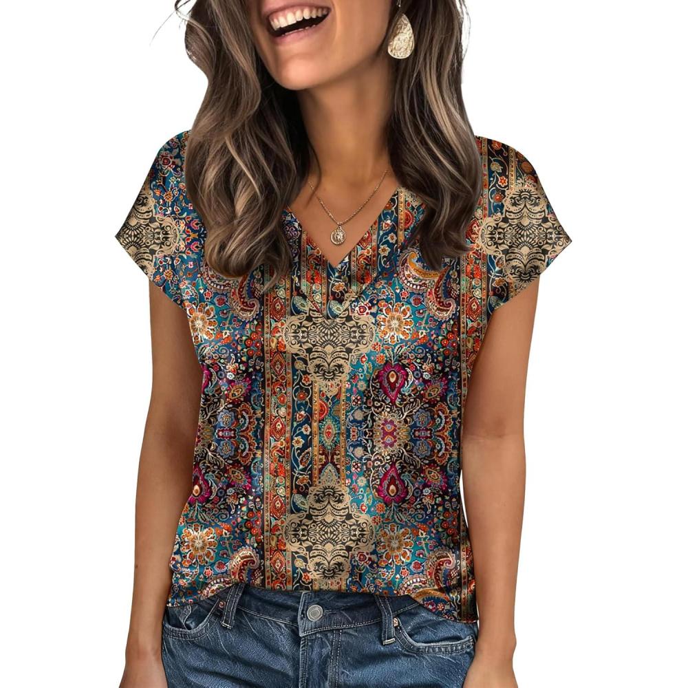 imageZeagoo Women Silk Satin Tops Cap Short Sleeve Blouse V Neck Shirts Business Casual Outfits S2XLMz721