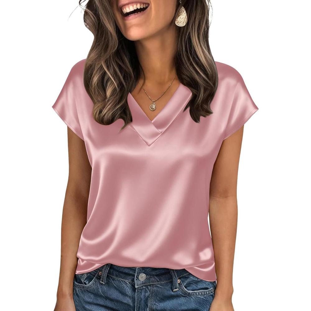 imageZeagoo Women Silk Satin Tops Cap Short Sleeve Blouse V Neck Shirts Business Casual Outfits S2XLPink