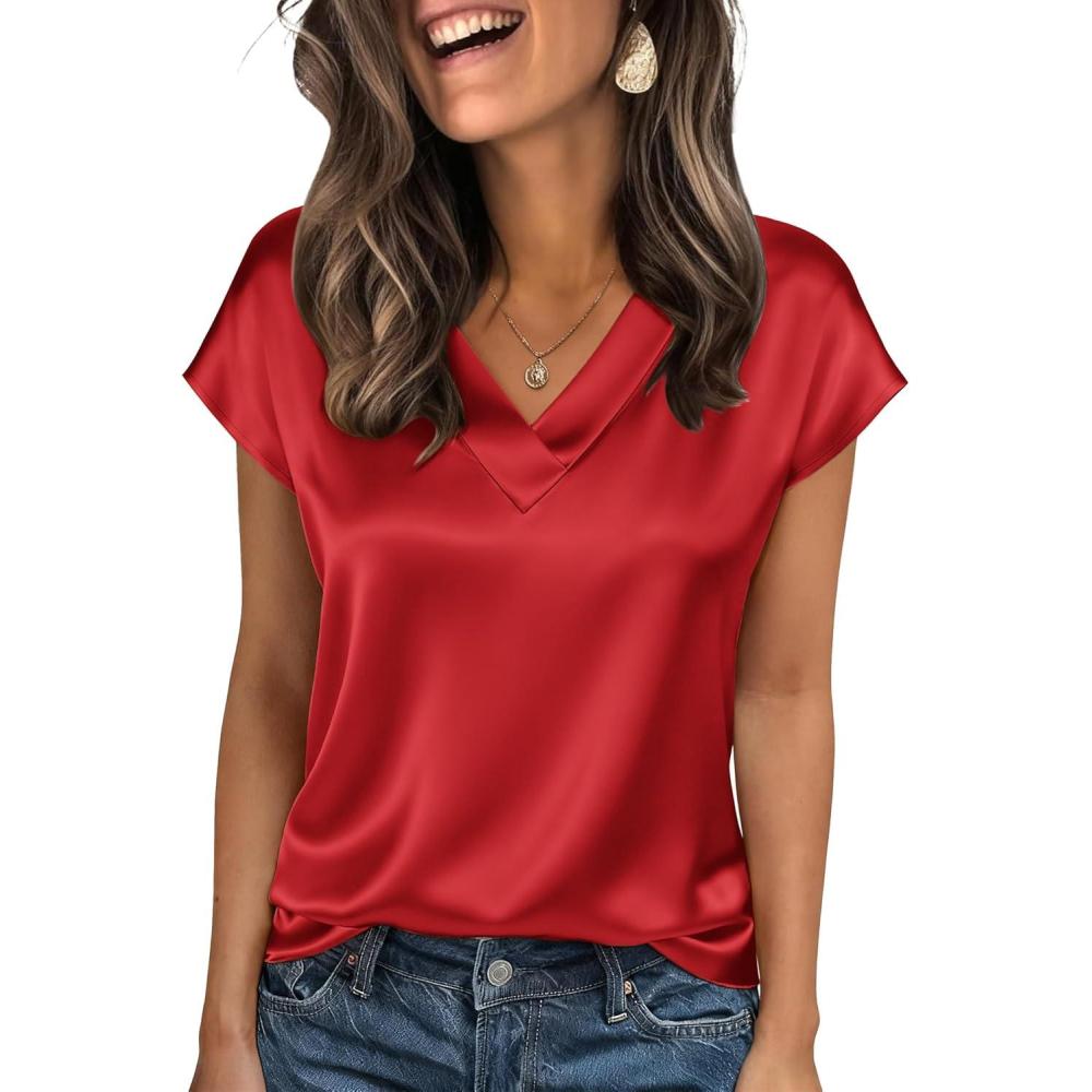 imageZeagoo Women Silk Satin Tops Cap Short Sleeve Blouse V Neck Shirts Business Casual Outfits S2XLRed