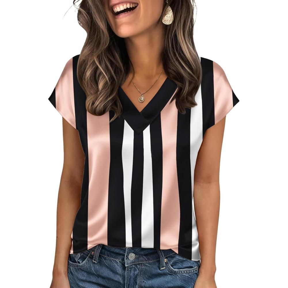 imageZeagoo Women Silk Satin Tops Cap Short Sleeve Blouse V Neck Shirts Business Casual Outfits S2XLTz291