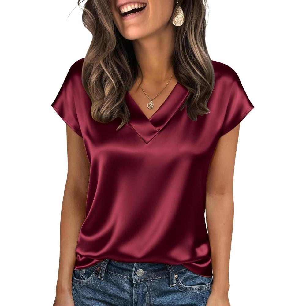 imageZeagoo Women Silk Satin Tops Cap Short Sleeve Blouse V Neck Shirts Business Casual Outfits S2XLWine Red