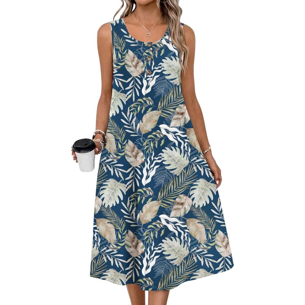 imageZeagoo Women Summer Midi Dress 2026 Sleeveless Casual Beach Sundress Button Down Loose Spring Tank Dresses with PocketsBlue Leaves