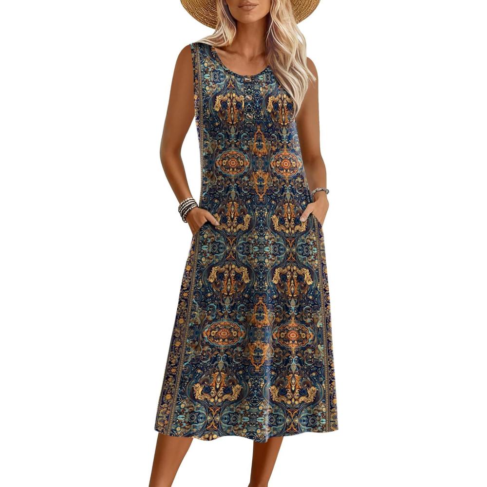 imageZeagoo Women Summer Midi Dress 2026 Sleeveless Casual Beach Sundress Button Down Loose Spring Tank Dresses with PocketsEthnic Blue