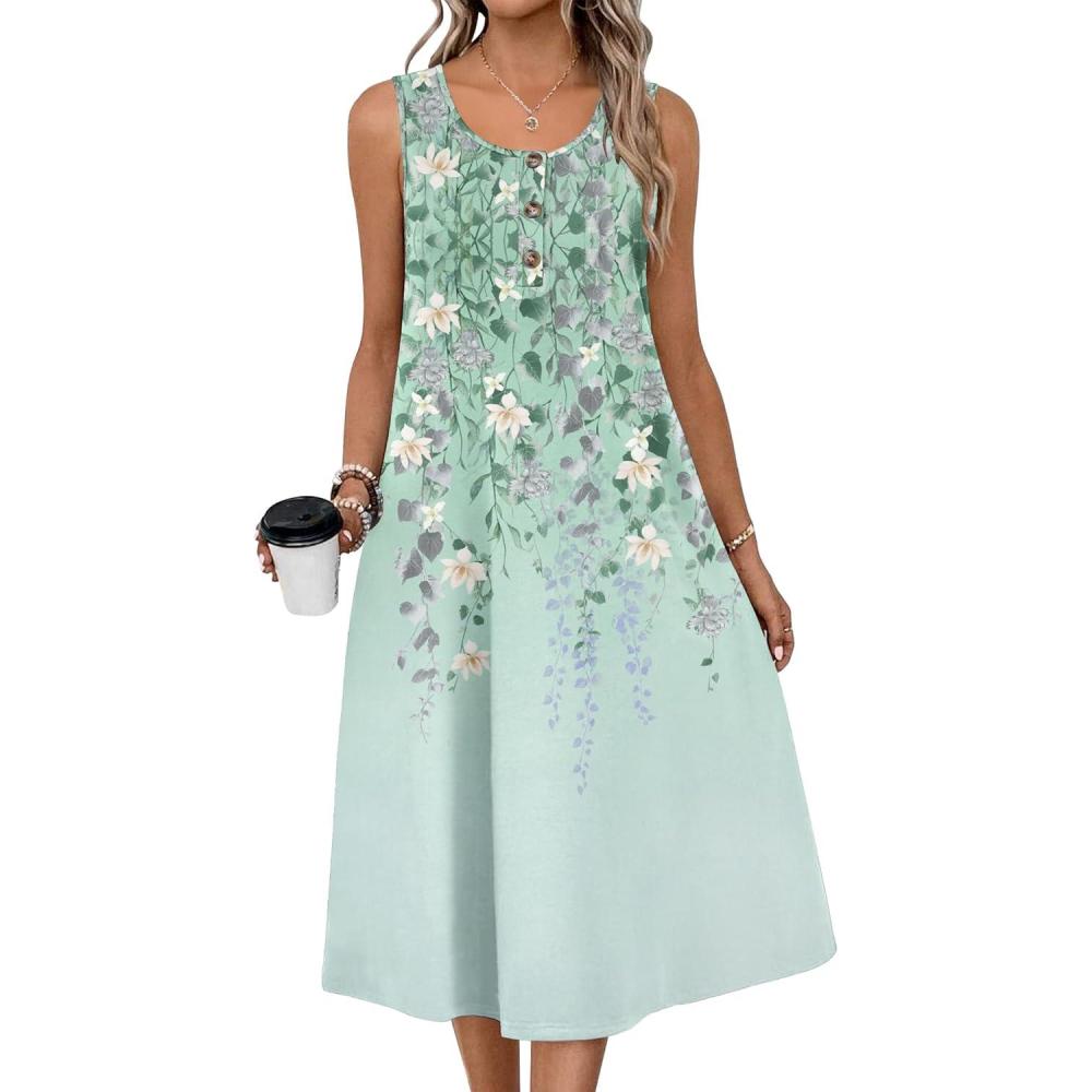 imageZeagoo Women Summer Midi Dress 2026 Sleeveless Casual Beach Sundress Button Down Loose Spring Tank Dresses with PocketsFloral Green