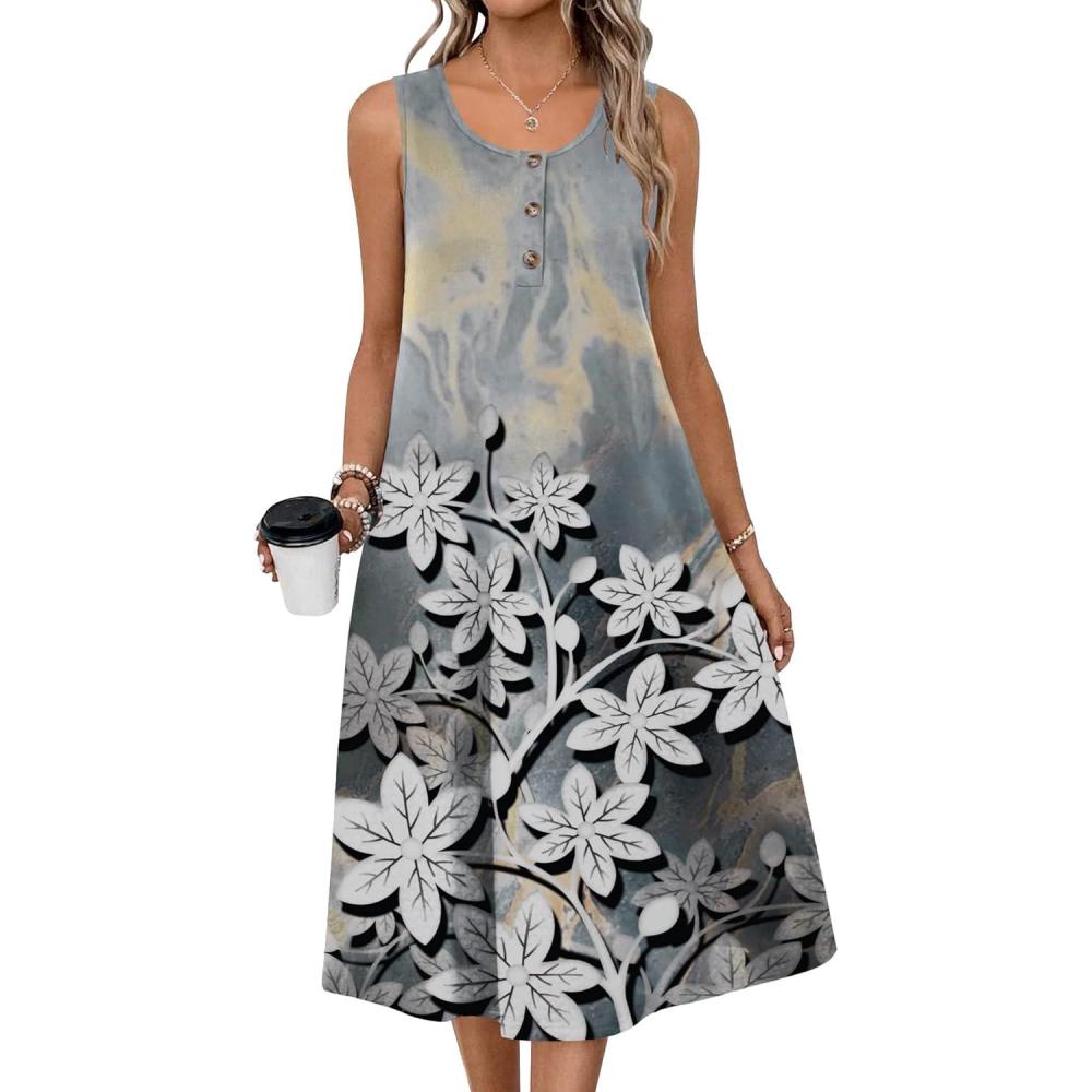 imageZeagoo Women Summer Midi Dress 2026 Sleeveless Casual Beach Sundress Button Down Loose Spring Tank Dresses with PocketsMarble Flowers