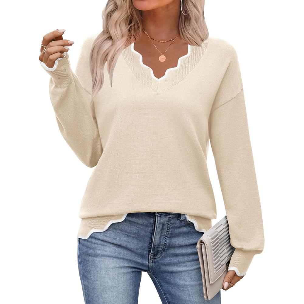 imageZeagoo Womens 2026 Fall V Neck Sweater Casual Long Sleeve Lightweight Ribbed Knit Pullover Sweaters Dressy Casual TopsApricot