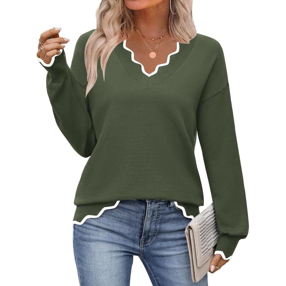 imageZeagoo Womens 2026 Fall V Neck Sweater Casual Long Sleeve Lightweight Ribbed Knit Pullover Sweaters Dressy Casual TopsArmy Green