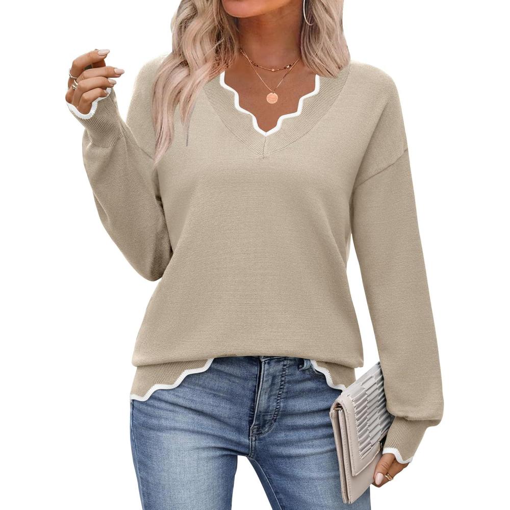 imageZeagoo Womens 2026 Fall V Neck Sweater Casual Long Sleeve Lightweight Ribbed Knit Pullover Sweaters Dressy Casual TopsBeige