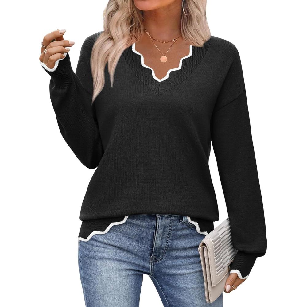 imageZeagoo Womens 2026 Fall V Neck Sweater Casual Long Sleeve Lightweight Ribbed Knit Pullover Sweaters Dressy Casual TopsBlack