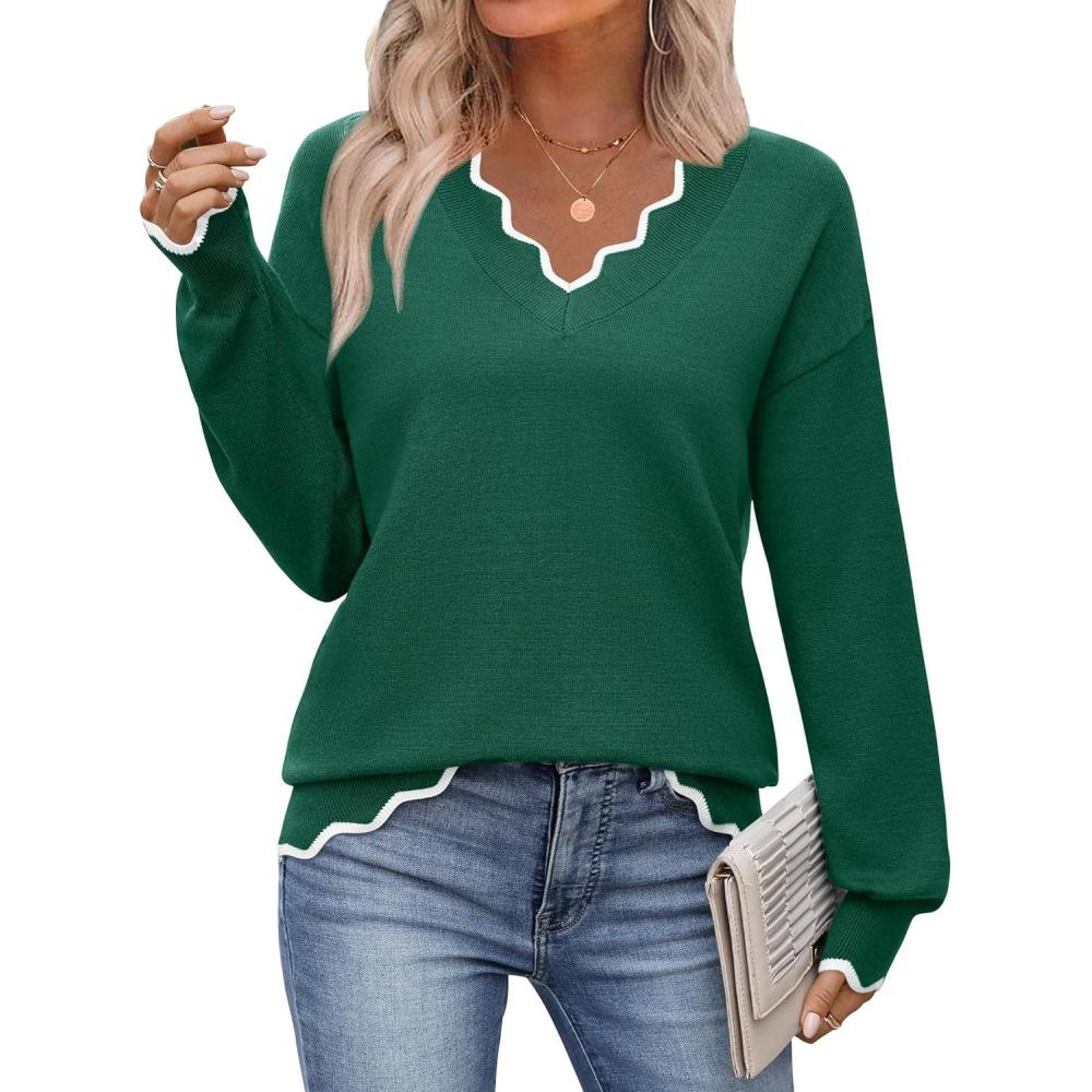 imageZeagoo Womens 2026 Fall V Neck Sweater Casual Long Sleeve Lightweight Ribbed Knit Pullover Sweaters Dressy Casual TopsDark Green