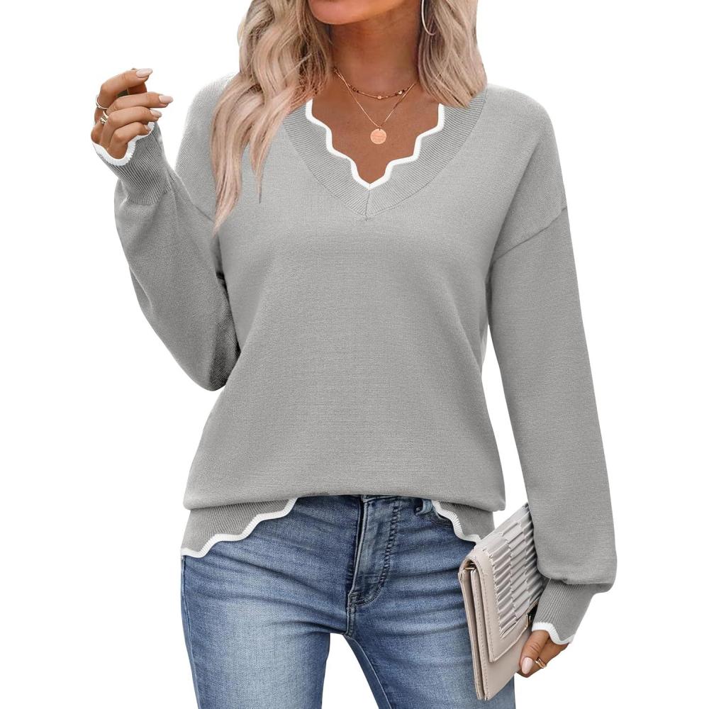 imageZeagoo Womens 2026 Fall V Neck Sweater Casual Long Sleeve Lightweight Ribbed Knit Pullover Sweaters Dressy Casual TopsGrey