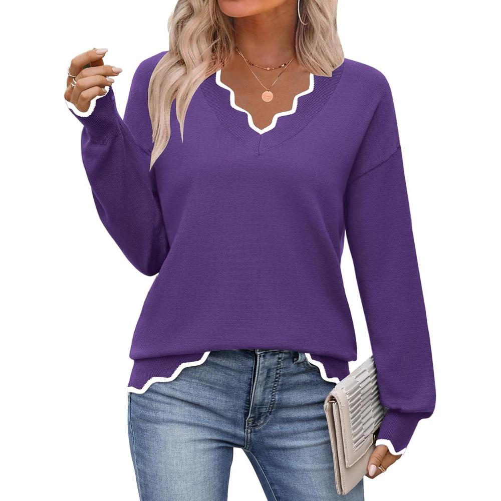 imageZeagoo Womens 2026 Fall V Neck Sweater Casual Long Sleeve Lightweight Ribbed Knit Pullover Sweaters Dressy Casual TopsPurple