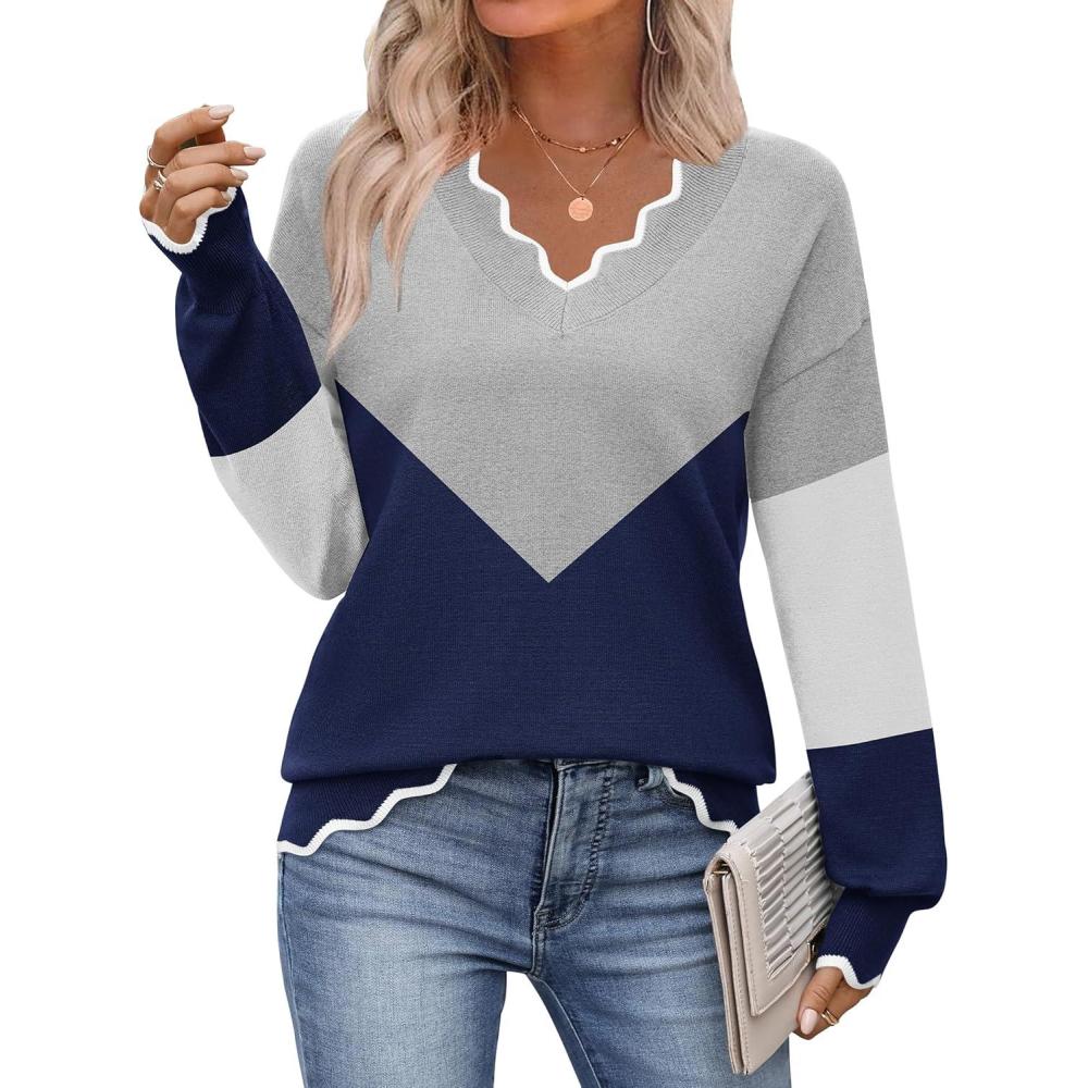 imageZeagoo Womens 2026 Fall V Neck Sweater Casual Long Sleeve Lightweight Ribbed Knit Pullover Sweaters Dressy Casual TopsY Grey  Navy