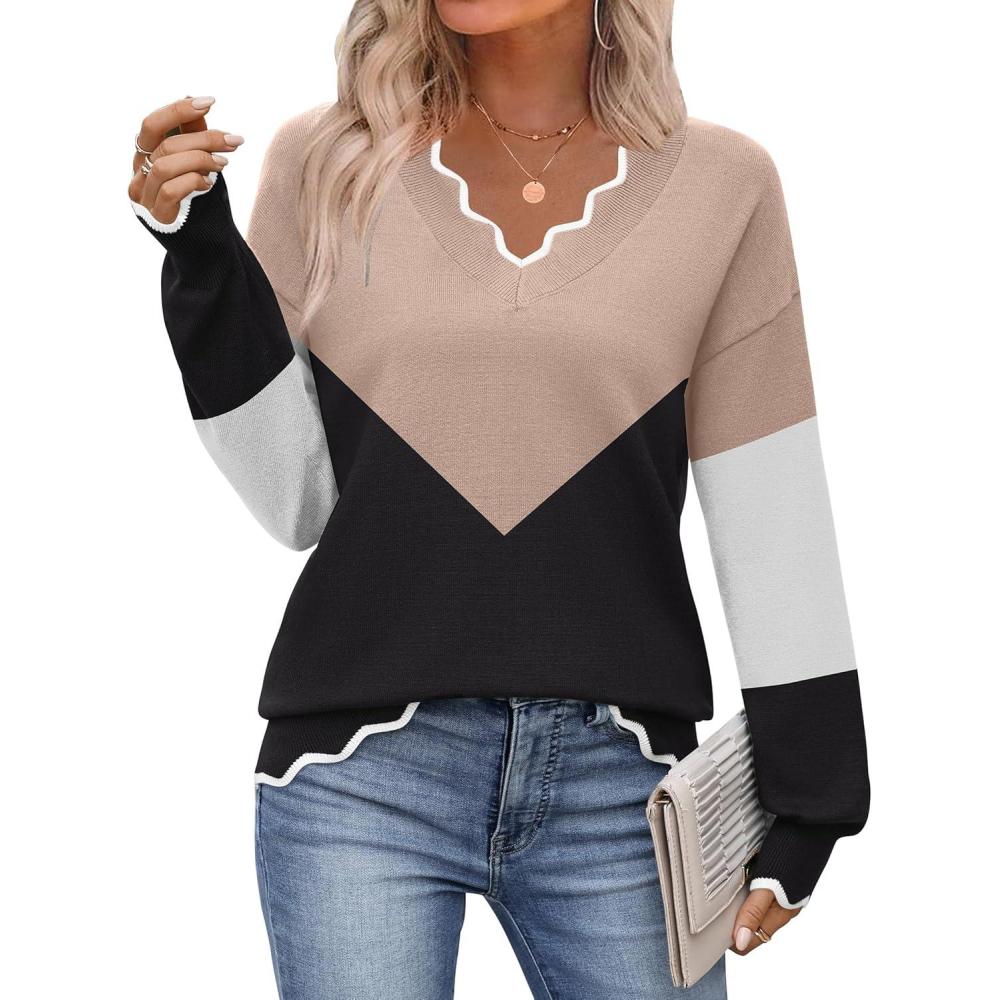 imageZeagoo Womens 2026 Fall V Neck Sweater Casual Long Sleeve Lightweight Ribbed Knit Pullover Sweaters Dressy Casual TopsY Khaki  Black