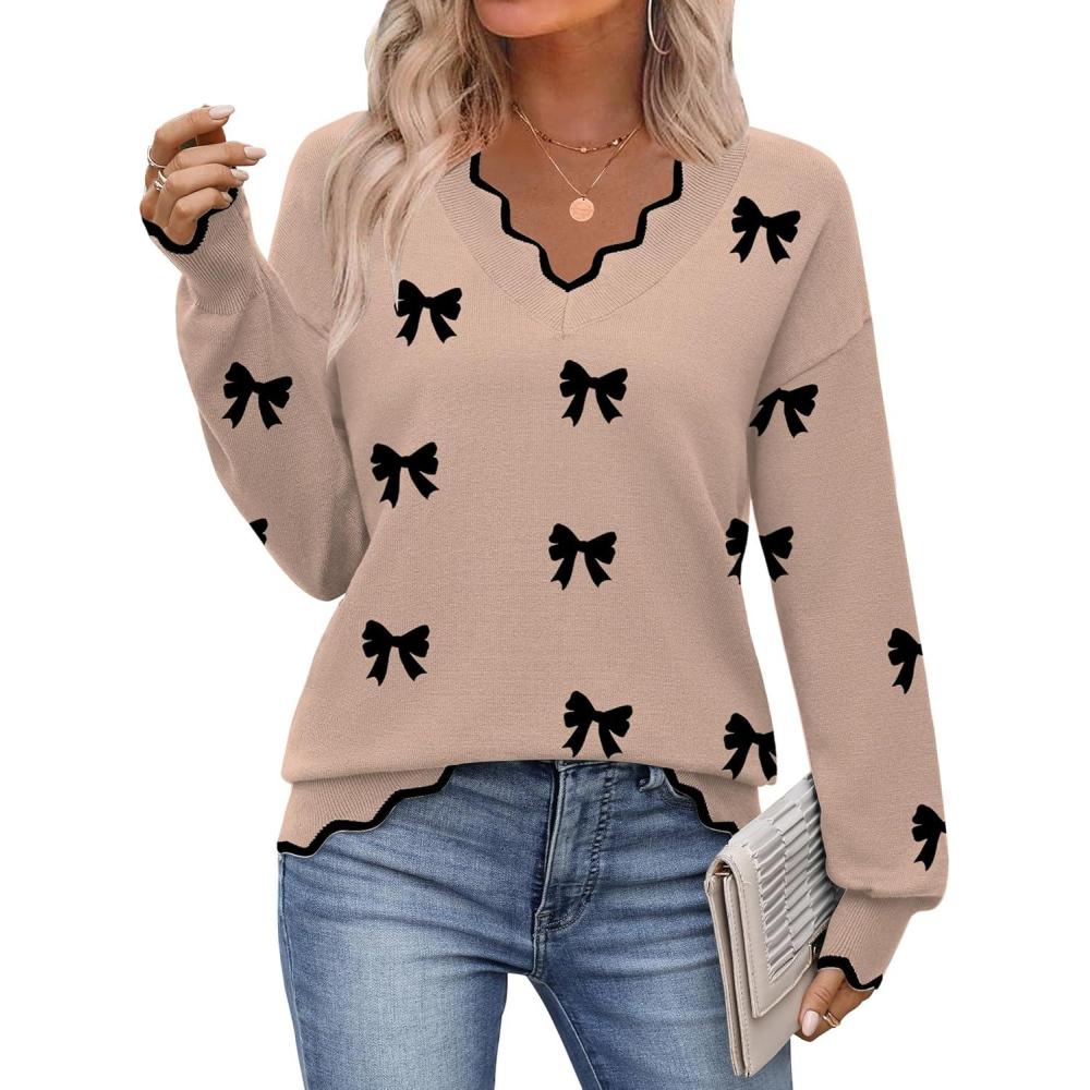 imageZeagoo Womens 2026 Fall V Neck Sweater Casual Long Sleeve Lightweight Ribbed Knit Pullover Sweaters Dressy Casual TopsZ  Bow Khaki