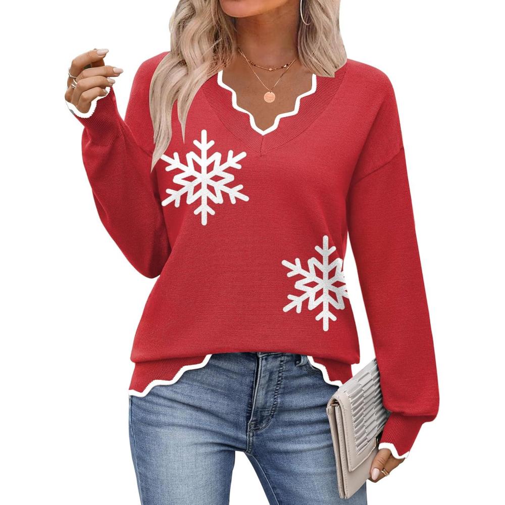 imageZeagoo Womens 2026 Fall V Neck Sweater Casual Long Sleeve Lightweight Ribbed Knit Pullover Sweaters Dressy Casual TopsZ Snowflakes